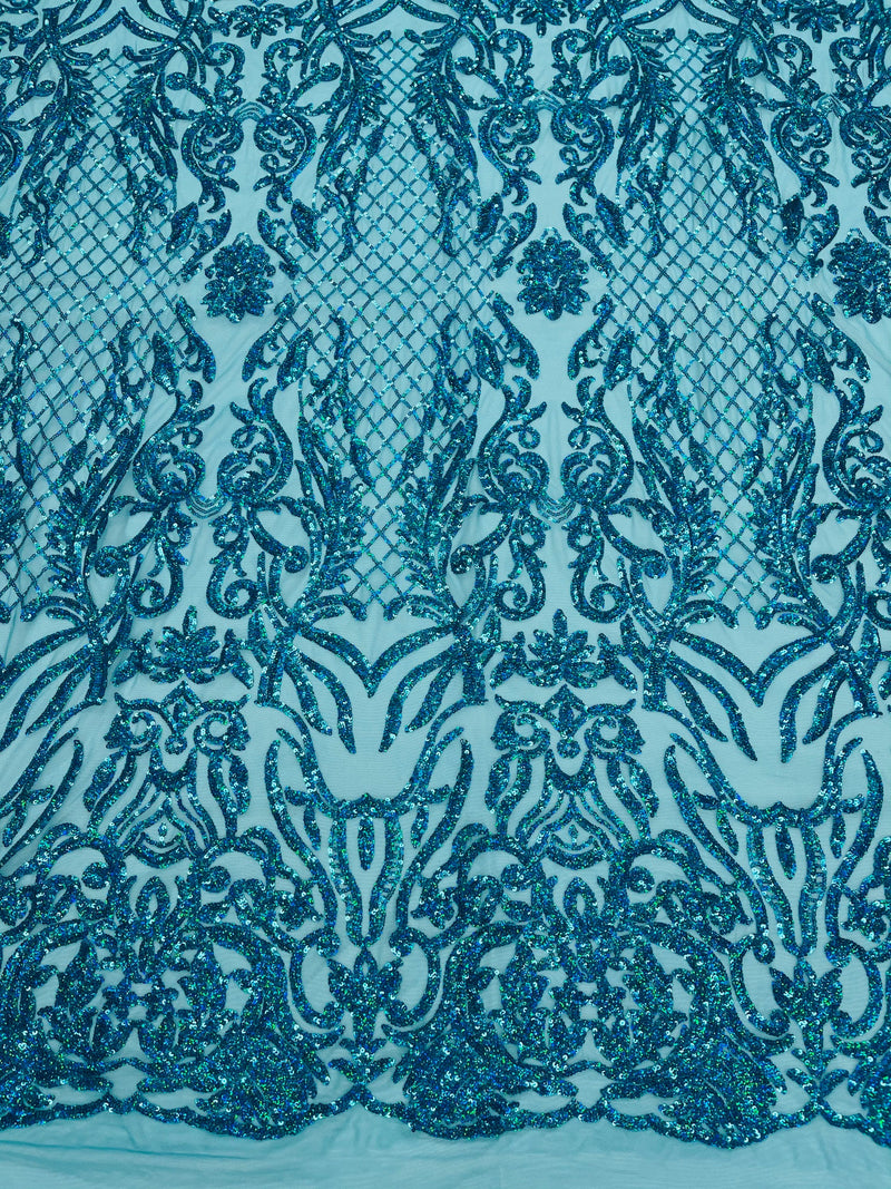 4 Way Stretch Fabric Design - Holographic Turquoise - Fancy Net Sequins Design Fabric By Yard