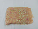 Pink Iridescent Sequins Lace Fabric On Blush Spandex Mesh 4way Stretch Damask Design Embroidered Sequin By Yard -Prom-Gown (Pick a Size)