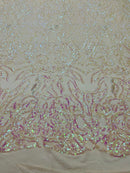 Pink Iridescent Sequins Lace Fabric On Blush Spandex Mesh 4way Stretch Damask Design Embroidered Sequin By Yard -Prom-Gown (Pick a Size)
