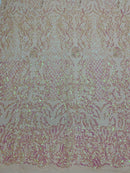 Pink Iridescent Sequins Lace Fabric On Blush Spandex Mesh 4way Stretch Damask Design Embroidered Sequin By Yard -Prom-Gown (Pick a Size)