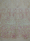 Pink Iridescent Sequins Lace Fabric On Blush Spandex Mesh 4way Stretch Damask Design Embroidered Sequin By Yard -Prom-Gown (Pick a Size)