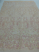 Pink Iridescent Sequins Lace Fabric On Blush Spandex Mesh 4way Stretch Damask Design Embroidered Sequin By Yard -Prom-Gown (Pick a Size)