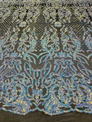4 Way Stretch Fabric Design - Aqua on Black Mesh - Fancy Net Sequins Design Fabric By Yard