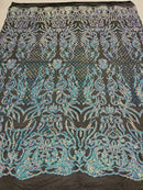 4 Way Stretch Fabric Design - Aqua on Black Mesh - Fancy Net Sequins Design Fabric By Yard