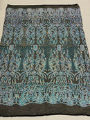 4 Way Stretch Fabric Design - Aqua on Black Mesh - Fancy Net Sequins Design Fabric By Yard