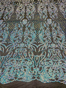 4 Way Stretch Fabric Design - Aqua on Black Mesh - Fancy Net Sequins Design Fabric By Yard