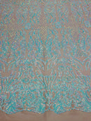 Iridescent aqua Sequins Lace Fabric On Nude Spandex Mesh 4way Stretch Damask Design Embroidered With Sequin By Yard-Prom-Gown (Pick a Size)