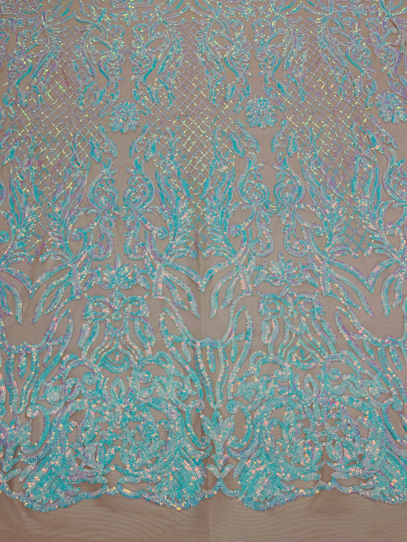 Iridescent aqua Sequins Lace Fabric On Nude Spandex Mesh 4way Stretch Damask Design Embroidered With Sequin By Yard-Prom-Gown (Pick a Size)