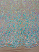 Iridescent aqua Sequins Lace Fabric On Nude Spandex Mesh 4way Stretch Damask Design Embroidered With Sequin By Yard-Prom-Gown (Pick a Size)