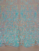 Iridescent aqua Sequins Lace Fabric On Nude Spandex Mesh 4way Stretch Damask Design Embroidered With Sequin By Yard-Prom-Gown (Pick a Size)