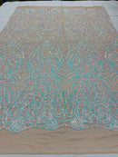 Iridescent aqua Sequins Lace Fabric On Nude Spandex Mesh 4way Stretch Damask Design Embroidered With Sequin By Yard-Prom-Gown (Pick a Size)