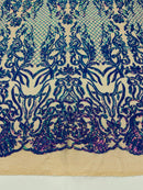 4 Way Stretch Fabric Design - Iridescent Lavender on Nude - Fancy Net Sequins Design Fabric By Yard