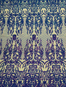4 Way Stretch Fabric Design - Iridescent Lavender on Nude - Fancy Net Sequins Design Fabric By Yard