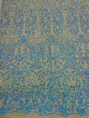 4 Way Stretch Fabric Design - Aqua on Nude - Fancy Net Sequins Design Fabric By Yard