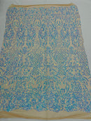 4 Way Stretch Fabric Design - Aqua on Nude - Fancy Net Sequins Design Fabric By Yard