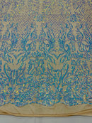 4 Way Stretch Fabric Design - Aqua on Nude - Fancy Net Sequins Design Fabric By Yard