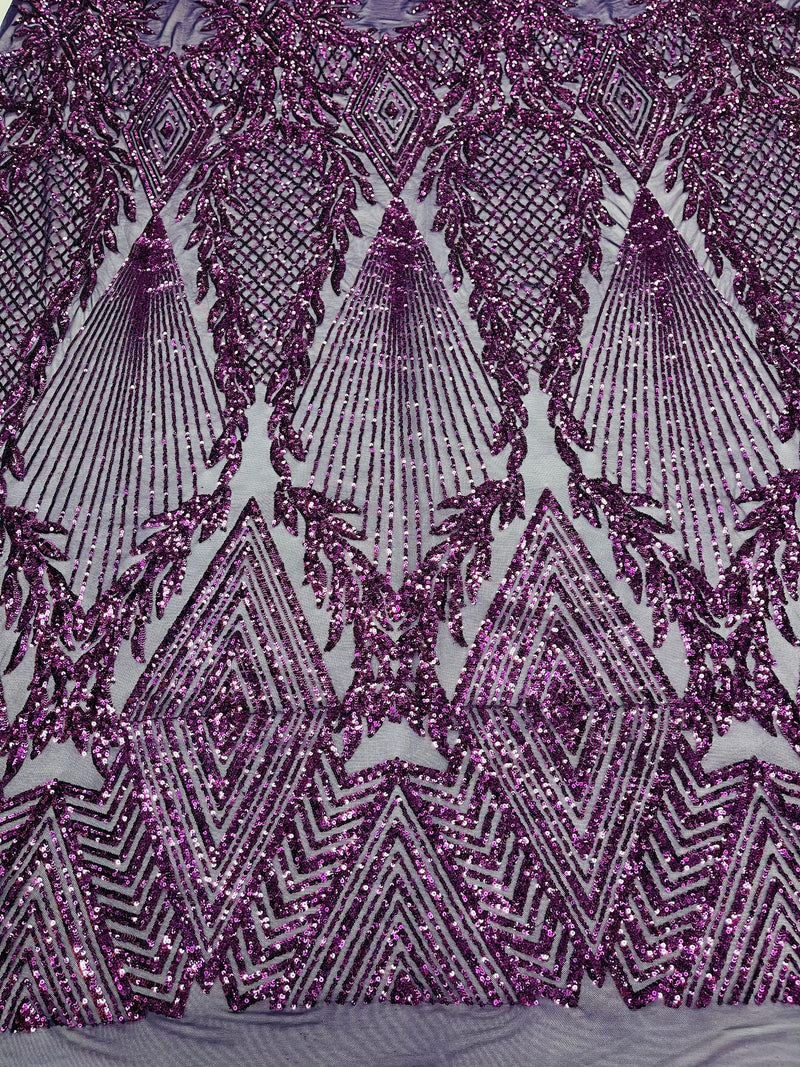 Plum Sequins Lace Fabric On a Spandex Mesh 4way Stretch Geometric Design Embroidered With Sequin By Yard-Prom-Gown (Pick a Size)