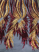 Angel Wings Sequins Fabric - Burgundy / Gold on Black - 4 Way Stretch Feather Wings Sequins Design By Yard