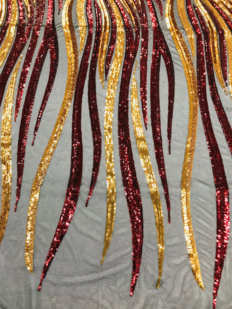 Angel Wings Sequins Fabric - Burgundy / Gold on Black - 4 Way Stretch Feather Wings Sequins Design By Yard