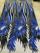 Angel Wings Sequins Fabric - Royal Blue / Black - 4 Way Stretch Feather Wings Sequins Design By Yard