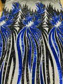 Angel Wings Sequins Fabric - Royal Blue / Black - 4 Way Stretch Feather Wings Sequins Design By Yard