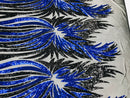 Angel Wings Sequins Fabric - Royal Blue / Black - 4 Way Stretch Feather Wings Sequins Design By Yard