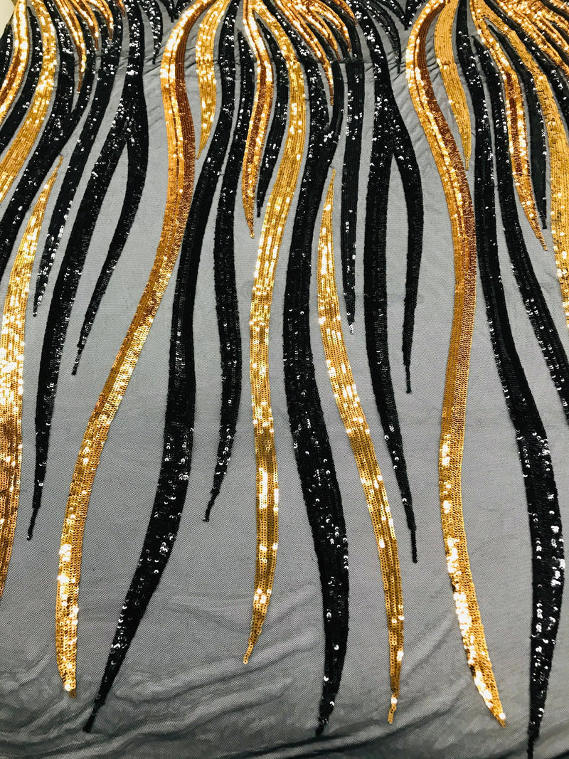Angel Wings Sequins Fabric - Black / Gold - 4 Way Stretch Feather Wings Sequins Design By Yard