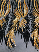 Angel Wings Sequins Fabric - Black / Gold - 4 Way Stretch Feather Wings Sequins Design By Yard