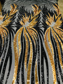 Angel Wings Sequins Fabric - Black / Gold - 4 Way Stretch Feather Wings Sequins Design By Yard