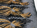 Angel Wings Sequins Fabric - Black / Gold - 4 Way Stretch Feather Wings Sequins Design By Yard