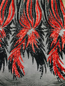 Angel Wings Sequins Fabric - Red / Black - 4 Way Stretch Feather Wings Sequins Design By Yard