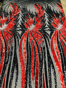 Angel Wings Sequins Fabric - Red / Black - 4 Way Stretch Feather Wings Sequins Design By Yard