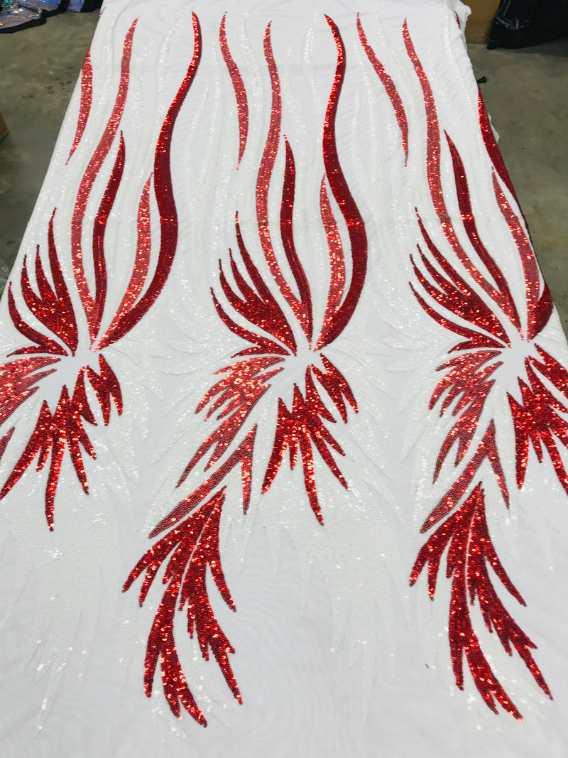 Angel Wings Sequins Fabric - White / Red - 4 Way Stretch Feather Wings Sequins Design By Yard