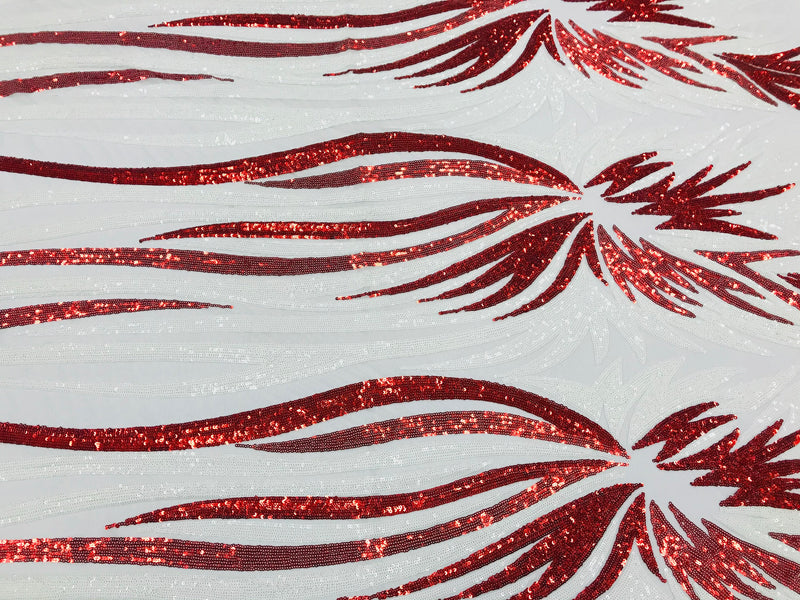 Angel Wings Sequins Fabric - White / Red - 4 Way Stretch Feather Wings Sequins Design By Yard