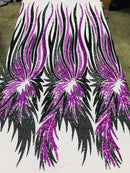 Angel Wings Sequins Fabric - Black / Purple - 4 Way Stretch Feather Wings Sequins Design By Yard