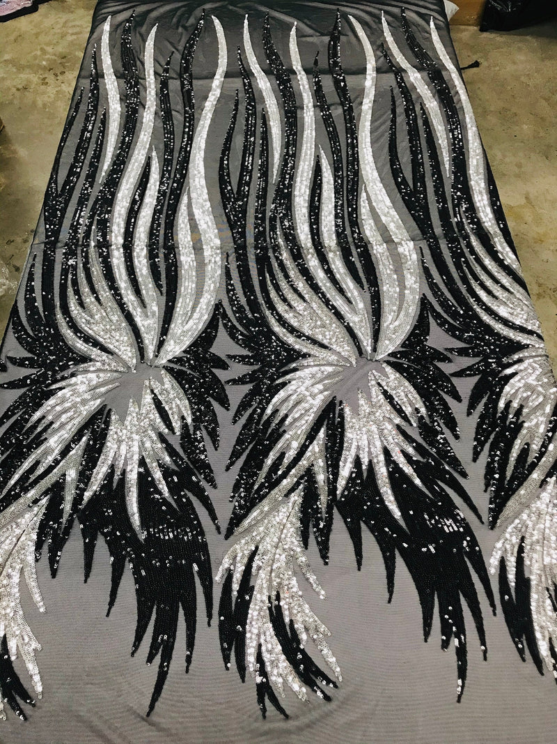 Angel Wings Sequins Fabric - Black / Silver - 4 Way Stretch Feather Wings Sequins Design By Yard