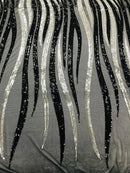 Angel Wings Sequins Fabric - Black / Silver - 4 Way Stretch Feather Wings Sequins Design By Yard