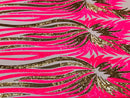 Angel Wings Sequins Fabric - Hot Pink / Gold - 4 Way Stretch Feather Wings Sequins Design By Yard