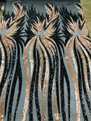 Angel Wings Sequins Fabric - Black / Rose Gold - 4 Way Stretch Feather Wings Sequins Design By Yard