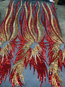 Angel Wings Sequins Fabric - Red / Gold on Black - 4 Way Stretch Feather Wings Sequins Design By Yard