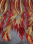 Angel Wings Sequins Fabric - Red / Gold on Black - 4 Way Stretch Feather Wings Sequins Design By Yard