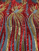 Angel Wings Sequins Fabric - Red / Gold on Black - 4 Way Stretch Feather Wings Sequins Design By Yard