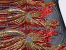 Angel Wings Sequins Fabric - Red / Gold on Black - 4 Way Stretch Feather Wings Sequins Design By Yard