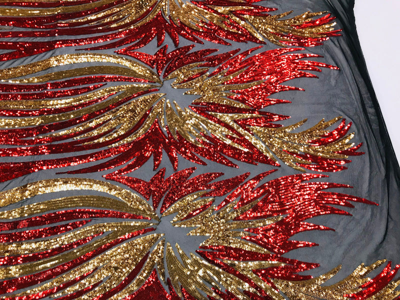 Angel Wings Sequins Fabric - Red / Gold on Black - 4 Way Stretch Feather Wings Sequins Design By Yard