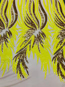 Angel Wings Sequins Fabric - Yellow / Gold  - 4 Way Stretch Feather Wings Sequins Design By Yard