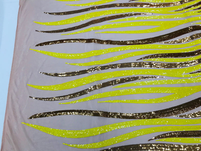 Angel Wings Sequins Fabric - Yellow / Gold  - 4 Way Stretch Feather Wings Sequins Design By Yard
