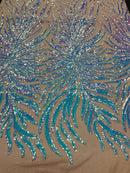 Feather Wings Sequins - Iridescent Aqua on Nude - 4 Way Stretch Embroidered Wings Sequin By Yard