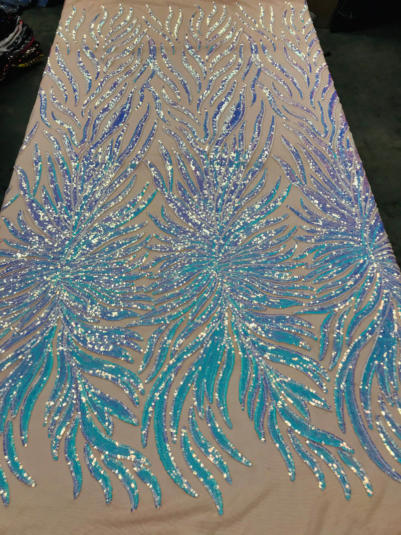Feather Wings Sequins - Iridescent Aqua on Nude - 4 Way Stretch Embroidered Wings Sequin By Yard