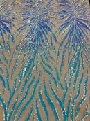 Feather Wings Sequins - Iridescent Aqua on Nude - 4 Way Stretch Embroidered Wings Sequin By Yard