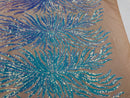 Feather Wings Sequins - Iridescent Aqua on Nude - 4 Way Stretch Embroidered Wings Sequin By Yard